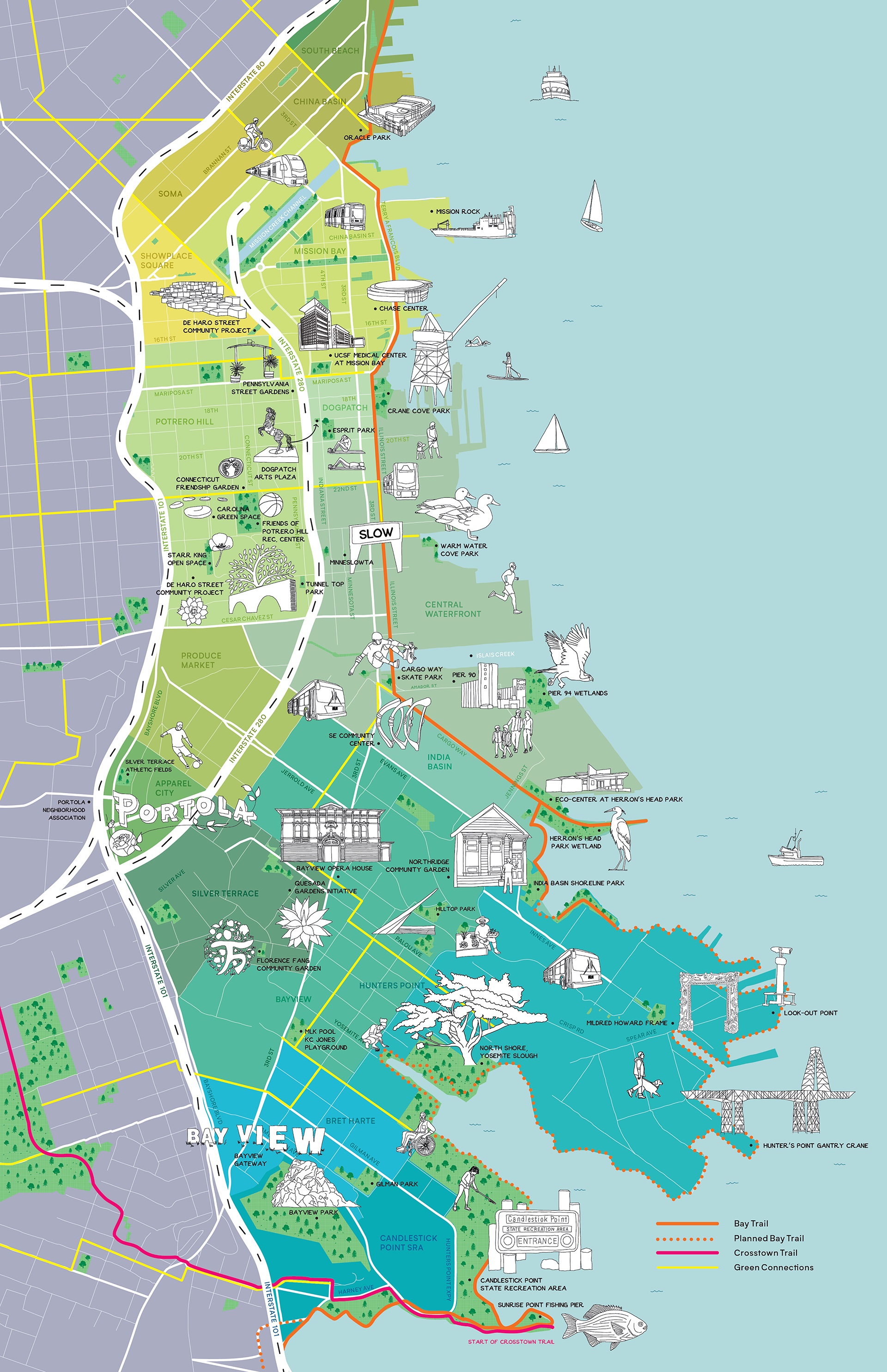 An illustrated map that highlights parks, public spaces, and trails within the Blue Greenway, an area of southeast San Francisco which is bounded on the north by Oracle Park, the south by Candlestick Point, the west by the 101 freeway, and the east by the waterfront.