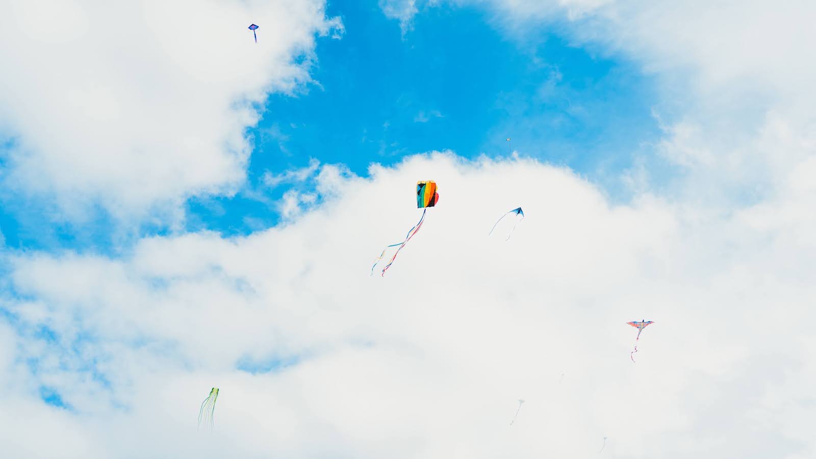 Colorful kites fly in front of white clouds and blue sky.